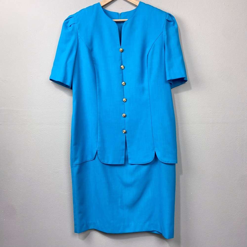 Vintage 80s Periwinkle Sheath Dress Size 16 Blue Scalloped Gold Button Vintage